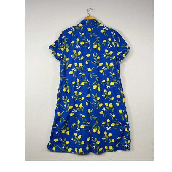 Fruit Core Lemon Print Women Blue Yellow Cotton Linen Button Front Shirt Dress - Picture 2 of 9